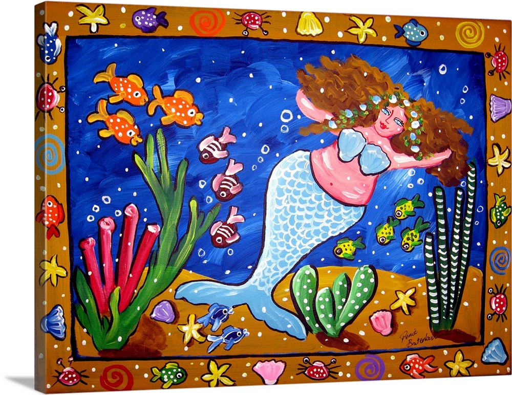 Folk art border with fish, sea shells, star fish, surrounds the beautiful, chubby mermaid in light blue.