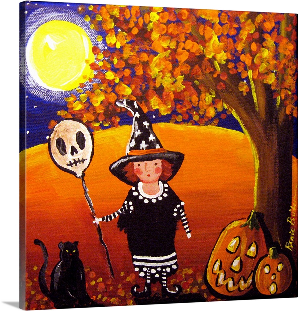 Painting of a little girl dressed as a witch on Halloween with a black cat and two jack-o-lanterns by her side.