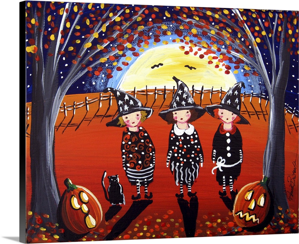 3 Little Witches are on the way home from Witch school, having learned a few spells. Fun folk art piece.