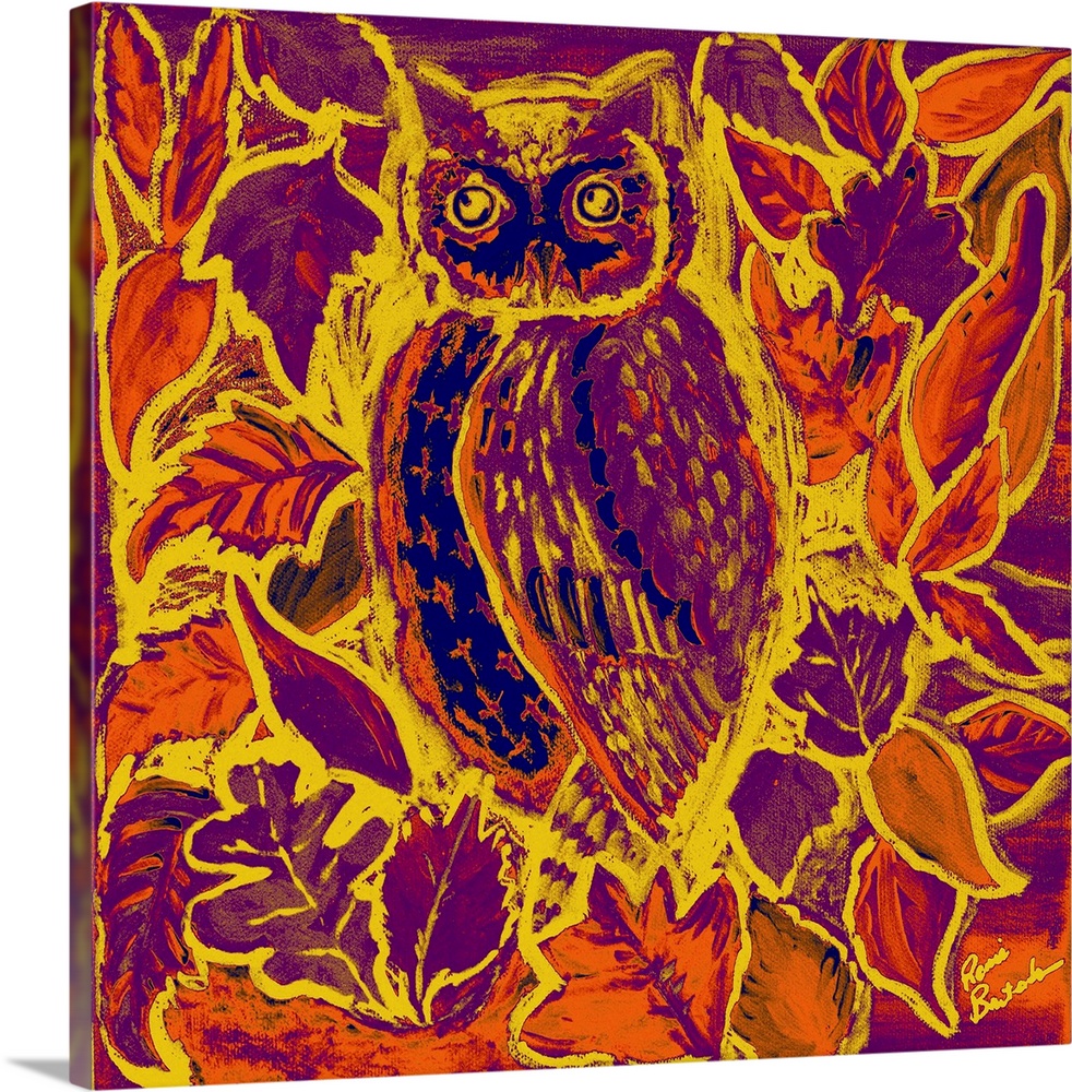 Painting of an owl in purple, orange, yellow, and blue hues with a batik design.