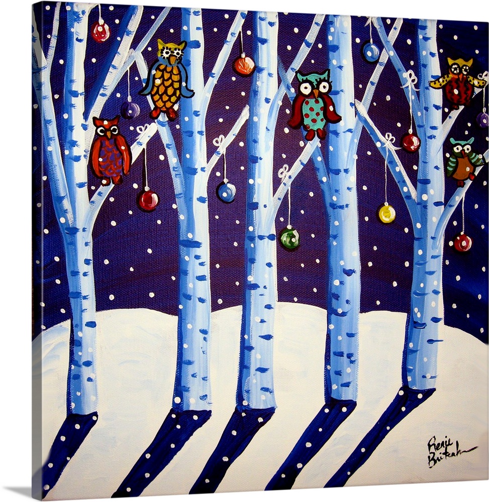 Colorful owls are in the branches of some Birch trees and are hanging some colorful holiday ornaments.