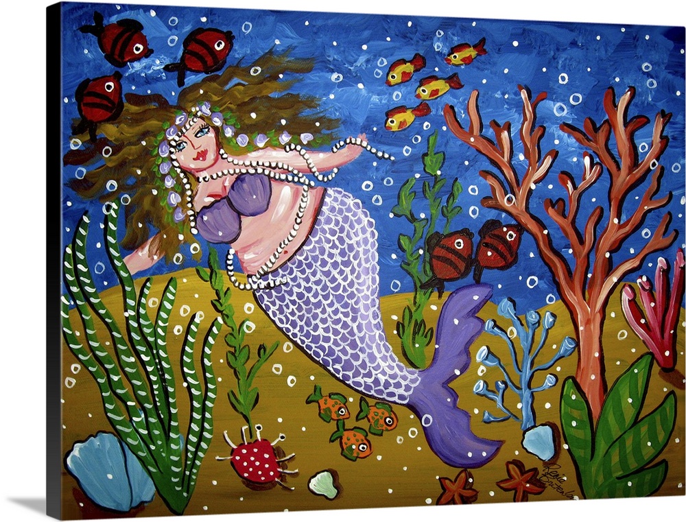 Fun and colorful Mermaid with various sea life.