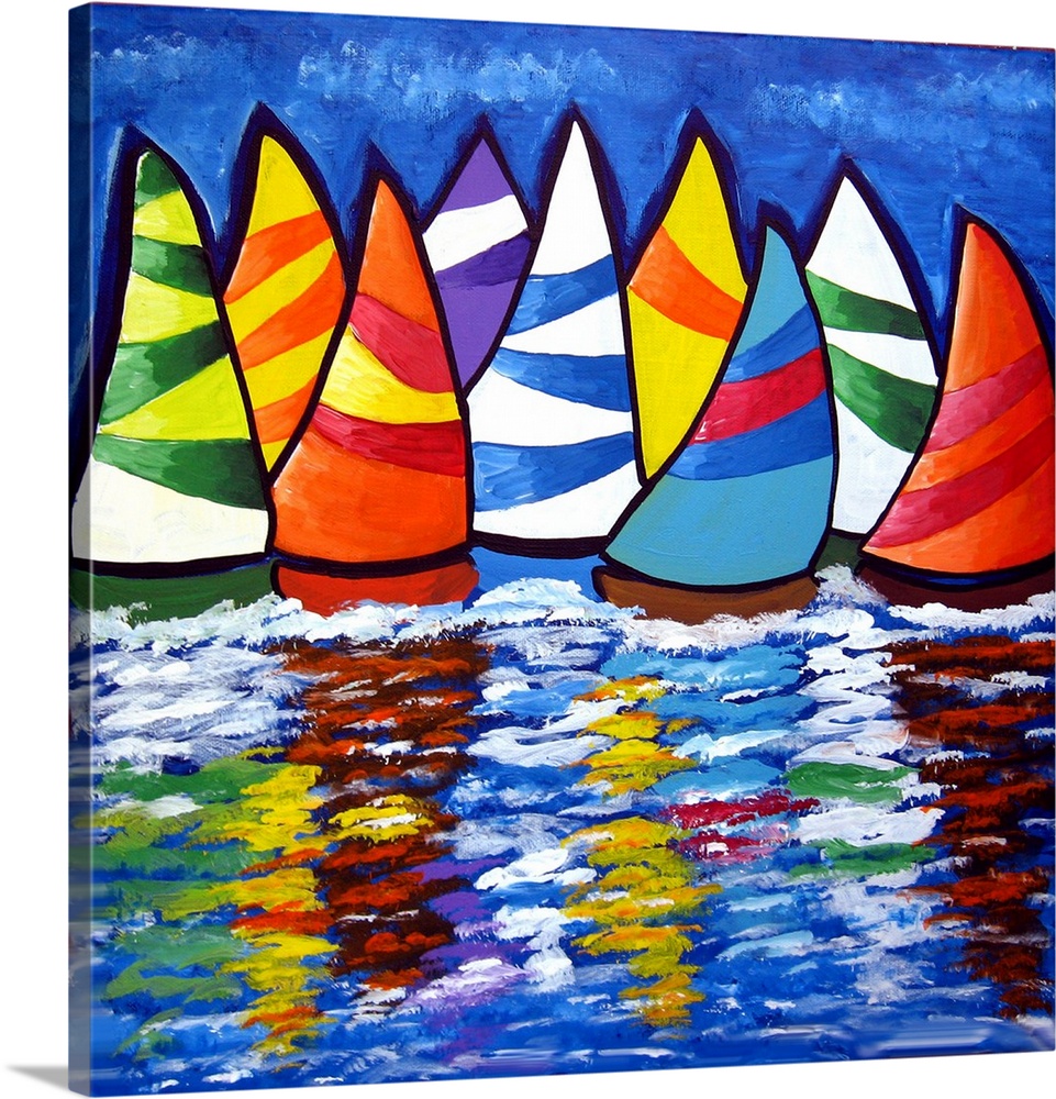 Colorful, whimsical sailboats reflect in the water.