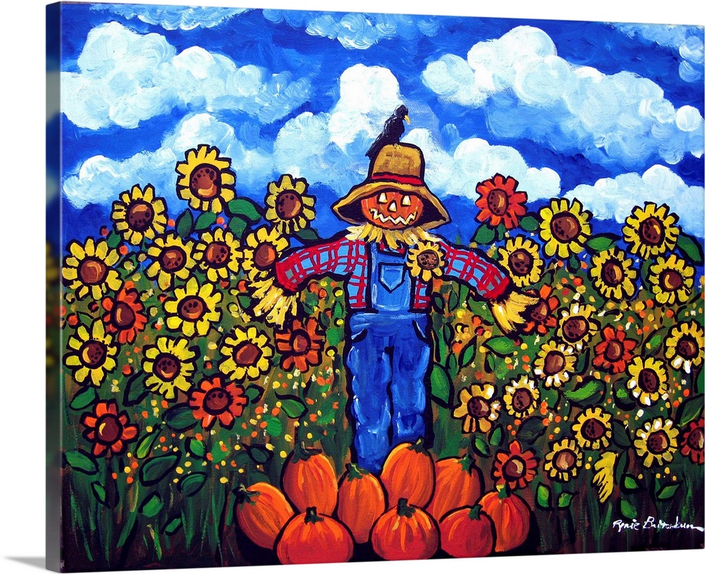 Whimsical fall scene with a Scarecrow who doesn't appear to be doing his job since a crow sits on top of his straw hat.