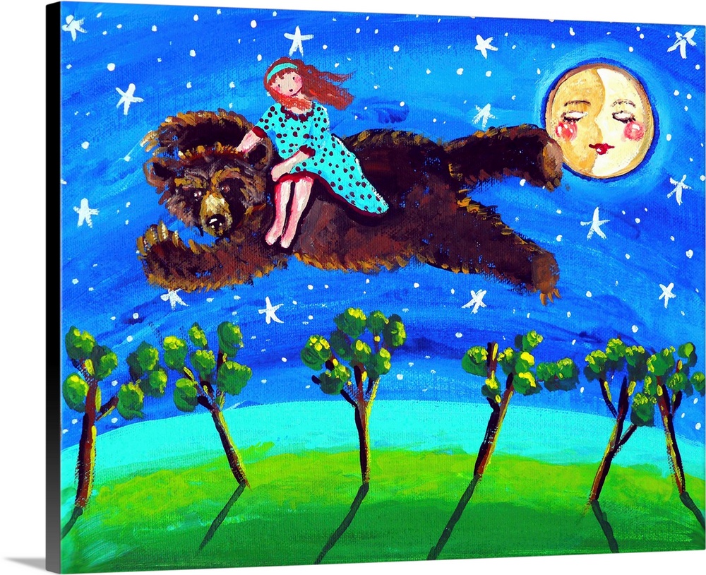 A magical scene with a girl riding a bear through the night sky.
