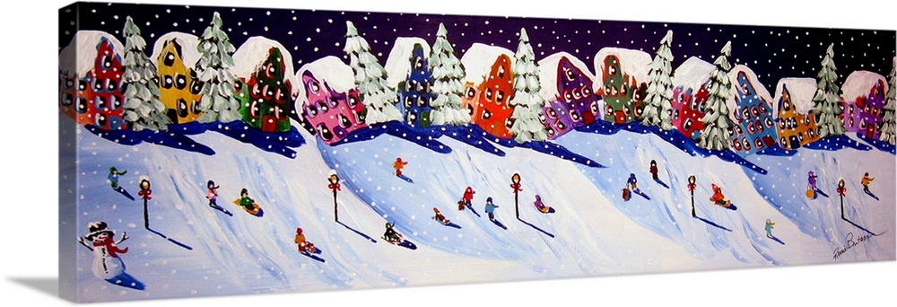 Children enjoying the new snow, sled riding down the neighborhood hills.