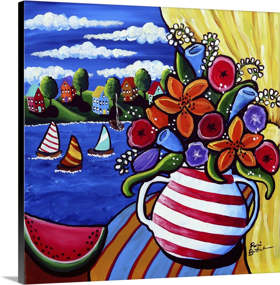 Still life painting of a striped vase with beautiful flowers sitting on a window ledge next to a watermelon, with sailboat...
