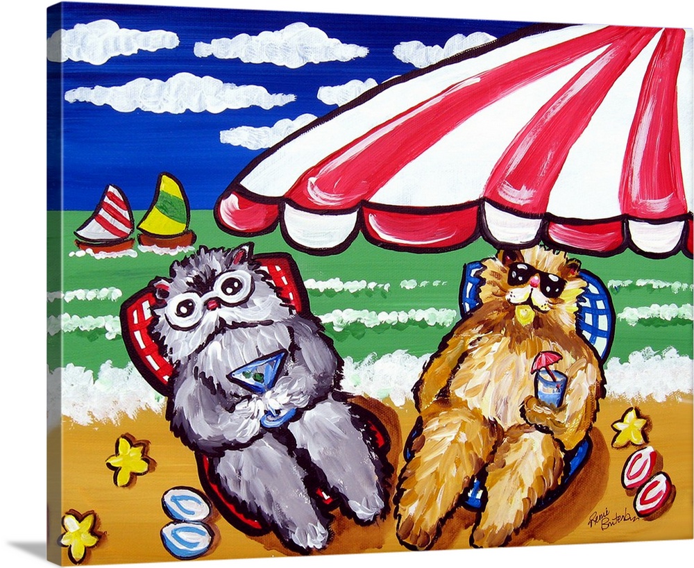 Two cats are catching some rays and sipping some tropical drinks. Fun beach scene.