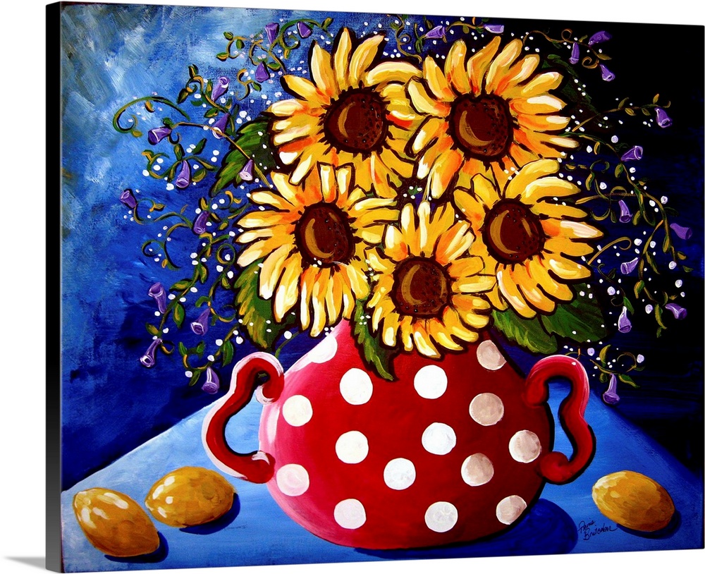 Whimsical sunflowers with little purple flowers along with lemons.