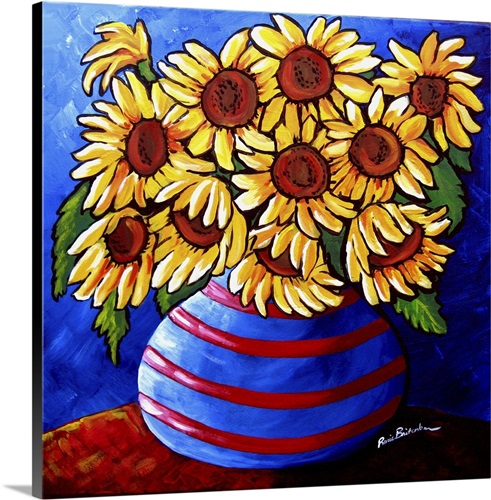 Sunflowers In Striped Vase | Great Big Canvas