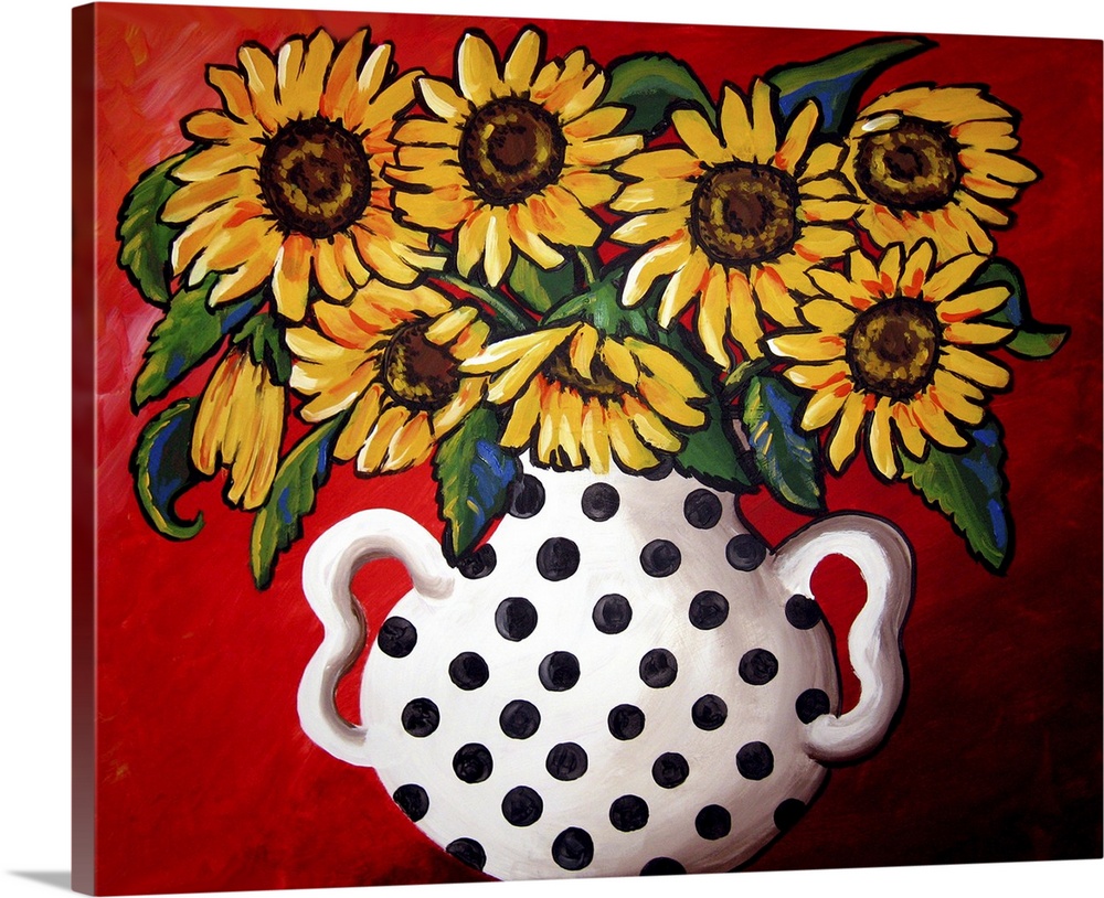 Whimsical flavor with brightly colored sunflowers in a black and white vase.