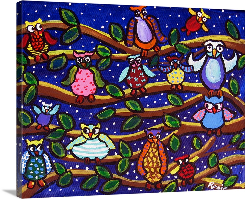 Fun, funky, whimsical owls have gathered for a party on the brances!
