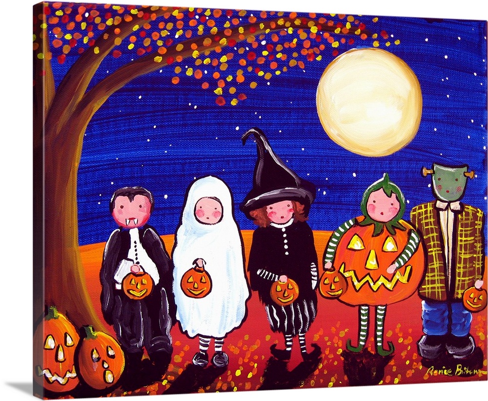 A row of children dressed up for Halloween under a large full moon.