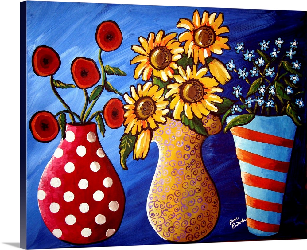 Three fun, funky and colorful vases hold 3 different kinds of flowers.