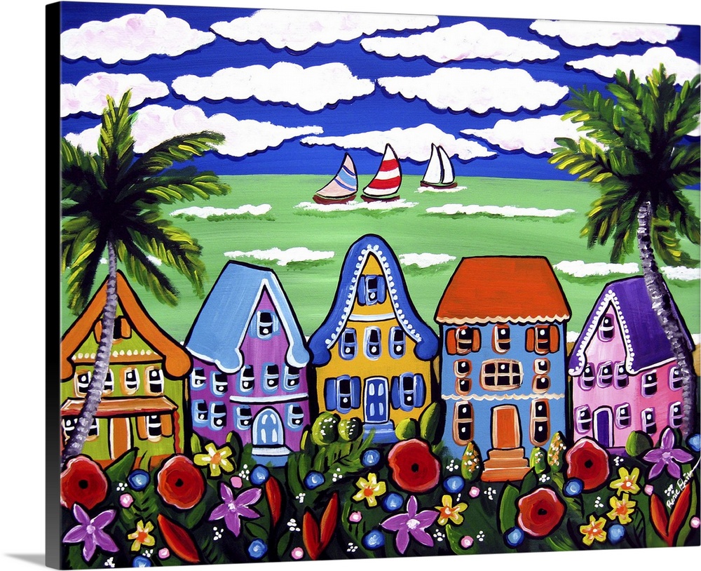 Fun, whimsical, colorful beach scene, reminiscent of Key West.
