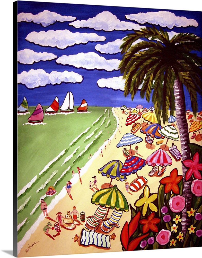 Colorful, whimsical beach scene with beach umbrellas, tropical flowers and sailboats.