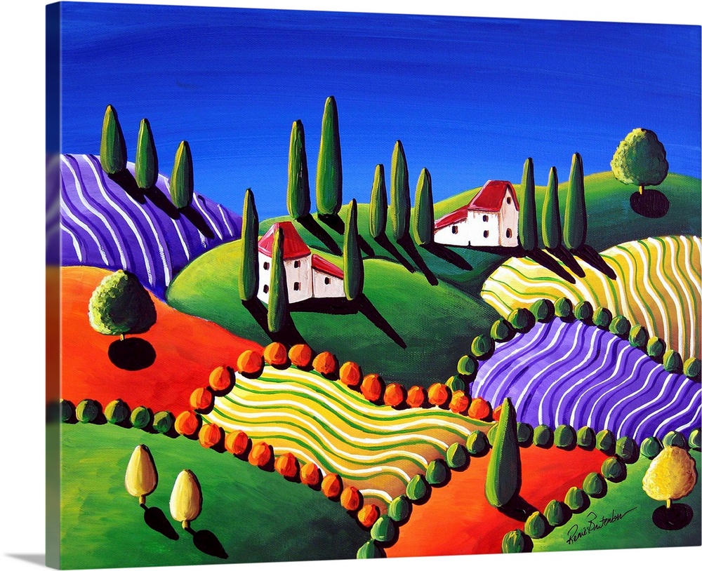 Colorful Tuscan scene of houses amid tall poplar trees on rolling hills