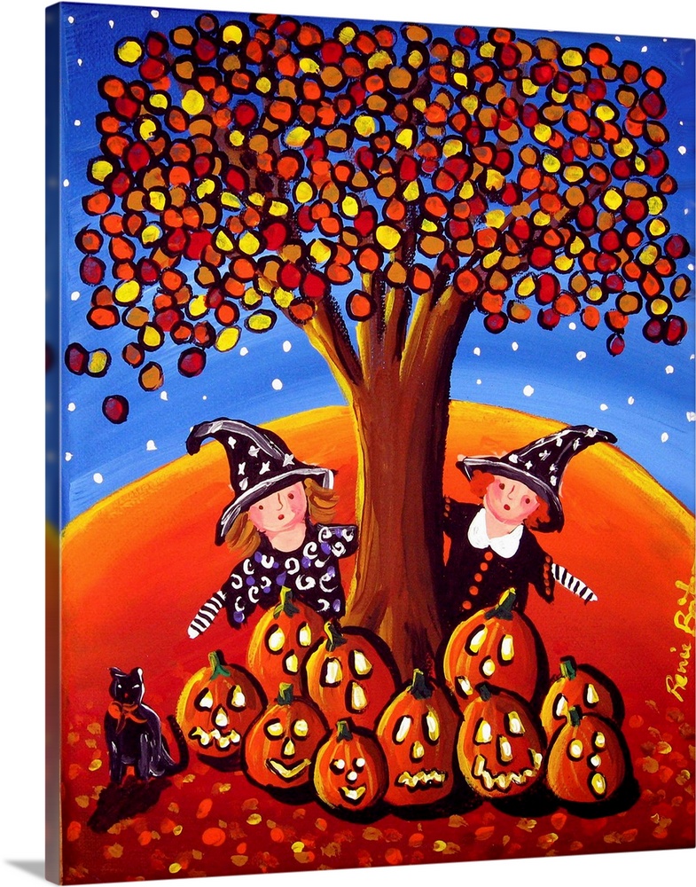 Seasonal painting with two little girls dressed up as witches for Halloween hiding by an Autumn tree with jack-o-lanterns ...