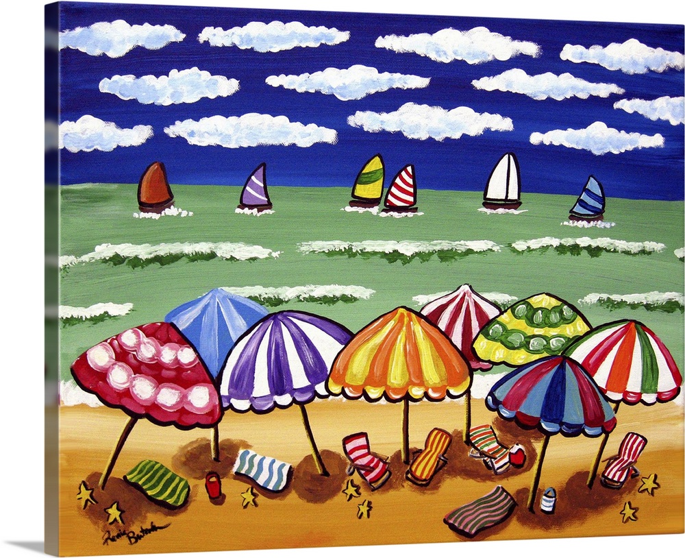 Beach umbrellas, sand buckets, sailboats under a bright blue sky.