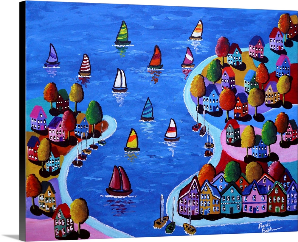 Colorful view of whimsical houses and sailboats.