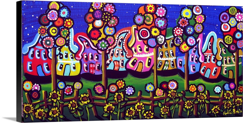 Colorful, whimsical houses, trees and blossoms under a starry sky.
