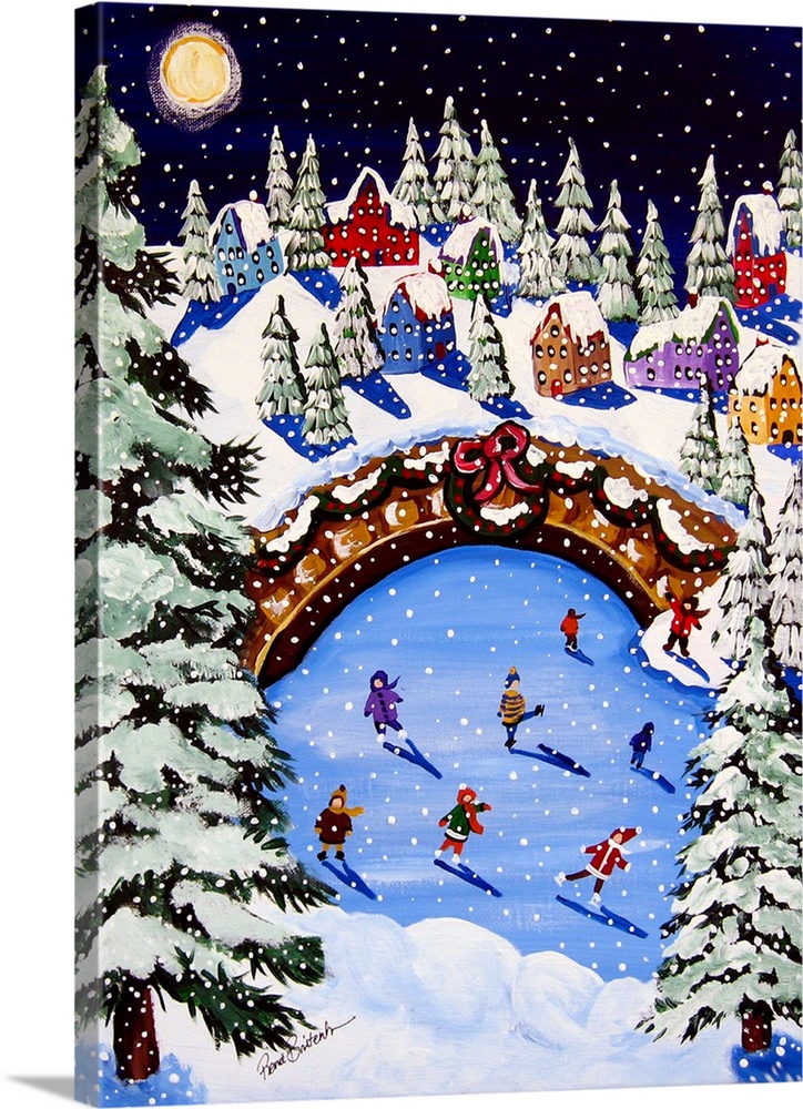 Whimsical winter scene with ice skaters, Christmas trees, a snowman and fun houses.