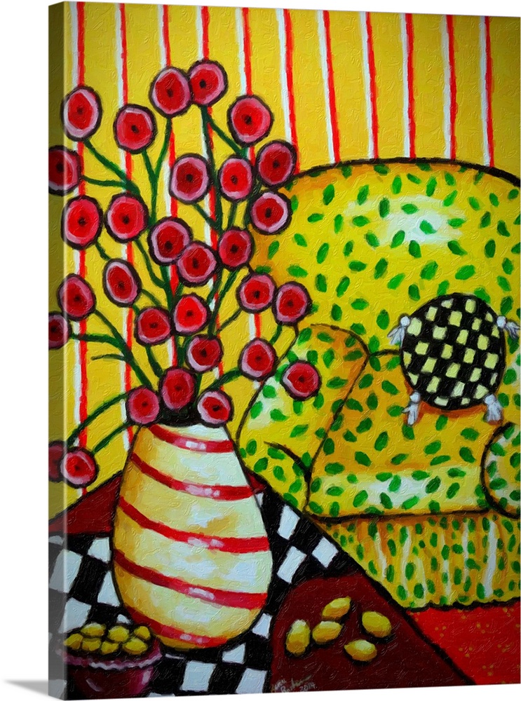 Whimsical folk art still life with a striped vase of red poppies and a big, yellow easy chair.