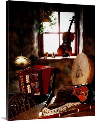 Traditional Musical Instruments In Old Cottage, Ireland