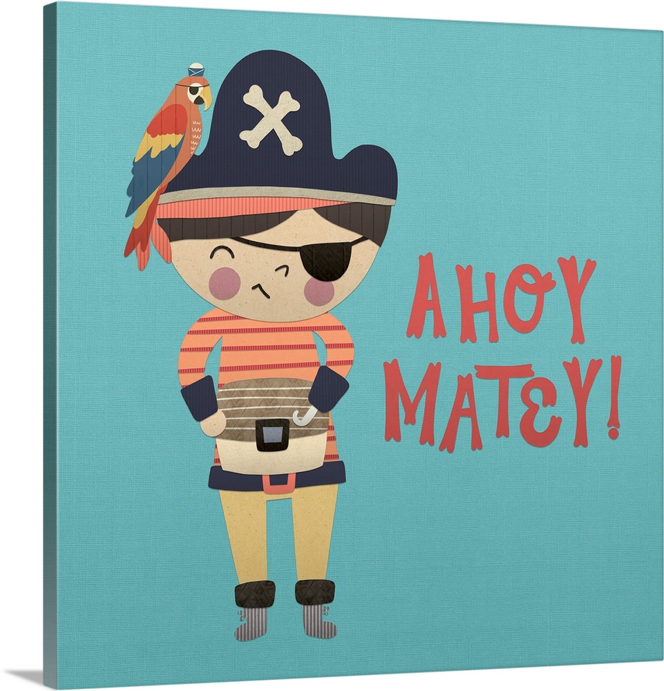 A darling illustration of a young pirate with a parrot and "Ahoy Matey!" on a blue background.
