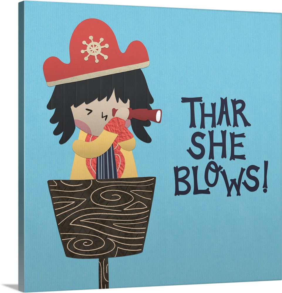 A darling illustration of a young pirate with a spyglass and "Thar She Blows!" on a blue background.