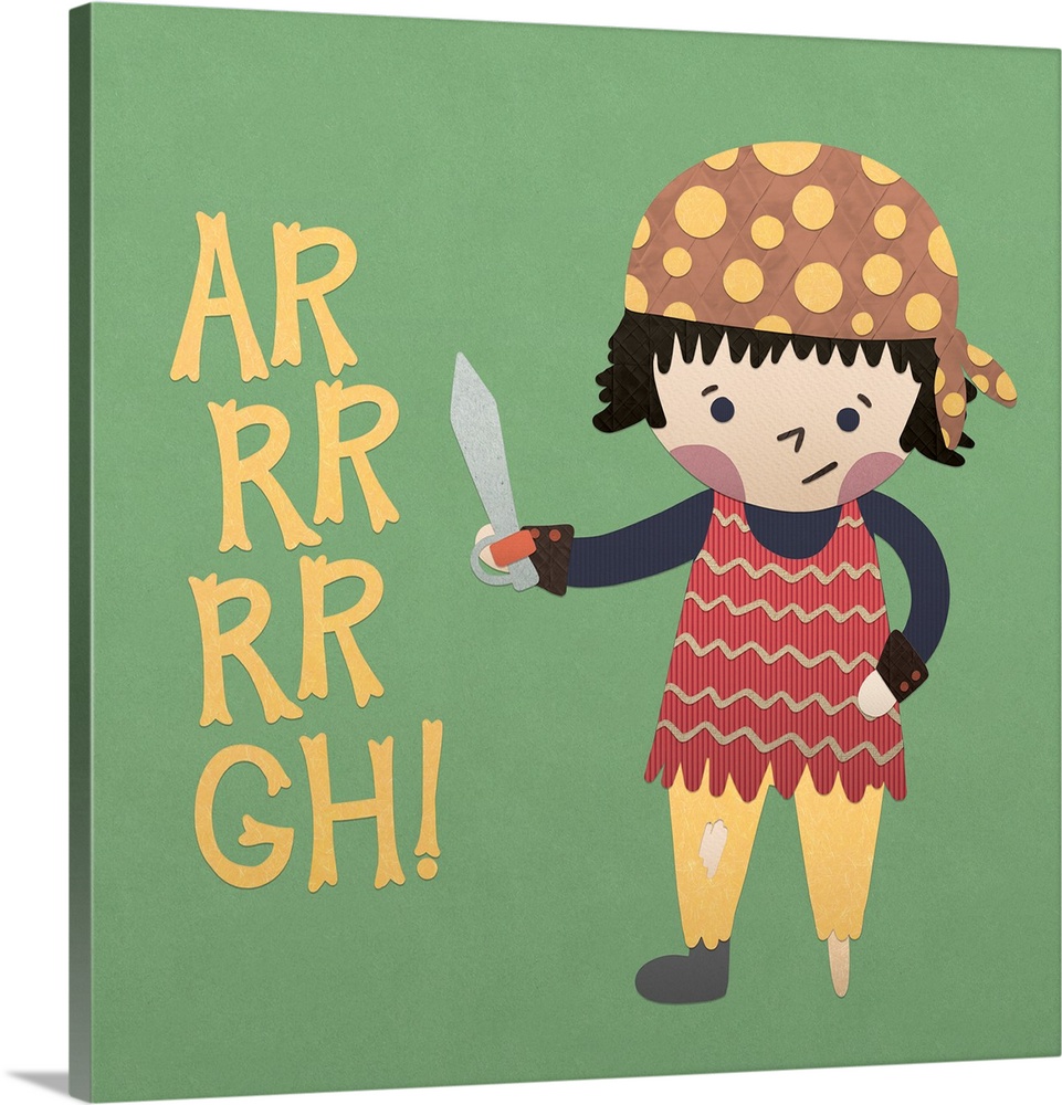 A darling illustration of a young pirate with a sword and "AR RR RR GH!" on a green background.