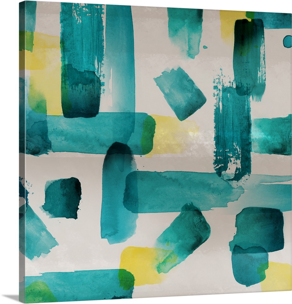 Square abstract painting of short, thick brush strokes in shades of yellow and teal.