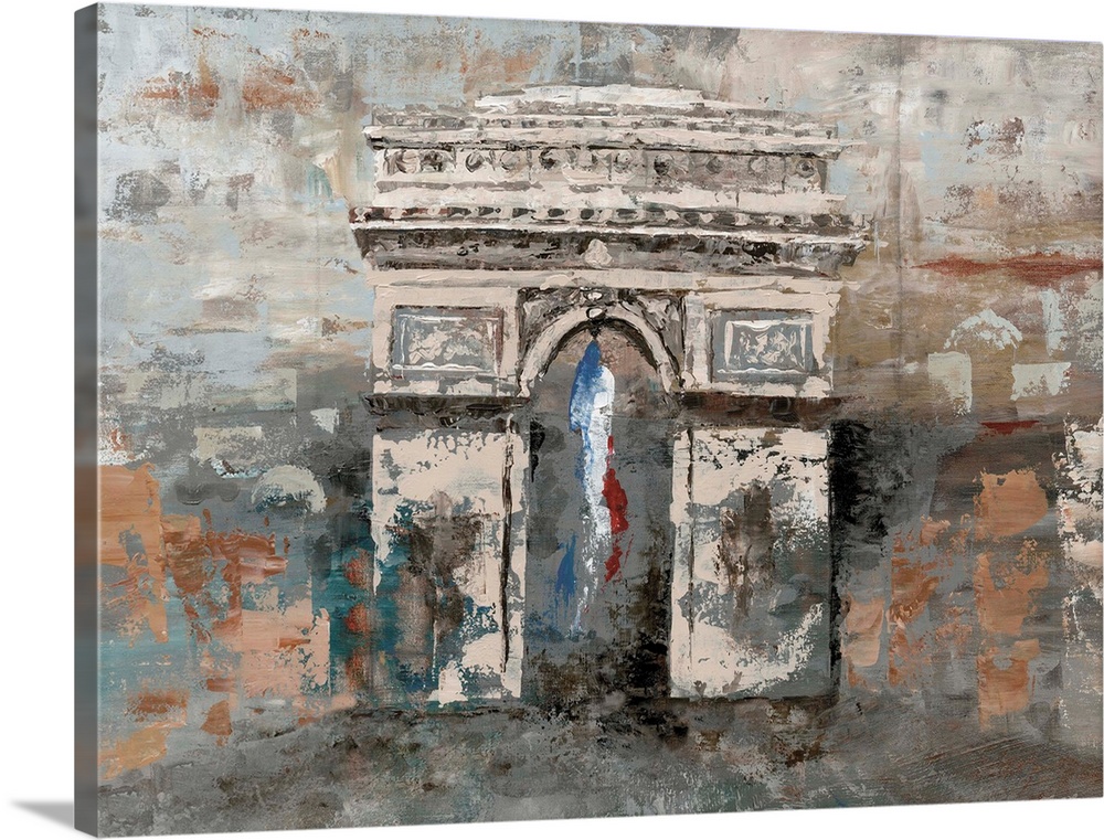 Contemporary painting of the Arc de Triomphe in Paris, in subdue tones, with a distressed appearance.
