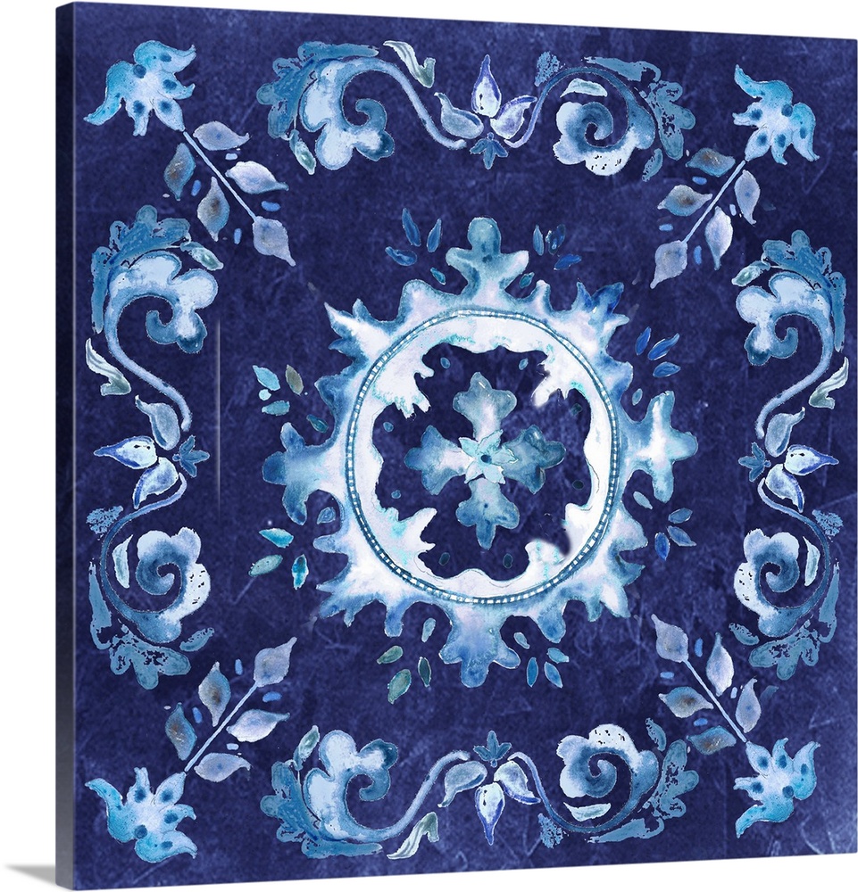 A watercolor painting of a floral medallion design in blue and white.