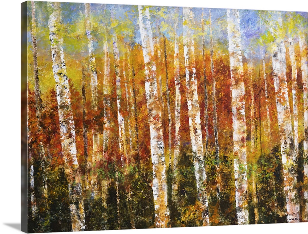 Contemporary painting of a forest of aspen trees surrounded by autumn colors.