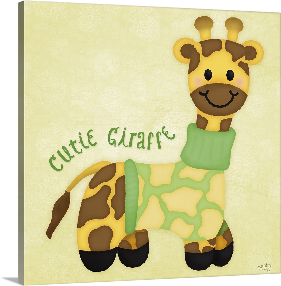 A sweet illustration of a giraffe wearing a sweater and the text 'Cutie Giraffe' on a yellow background.