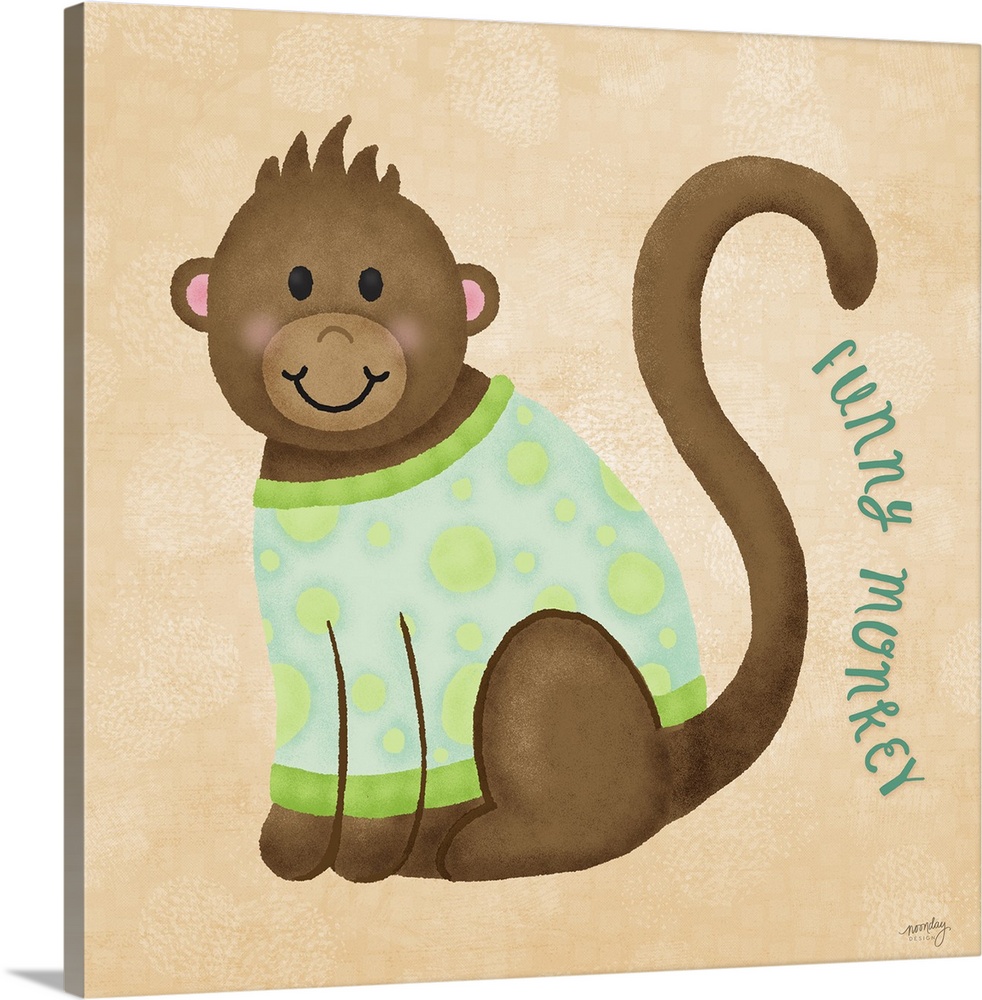 A sweet illustration of a monkey wearing a sweater and the text 'Funny Monkey' on a orange background.