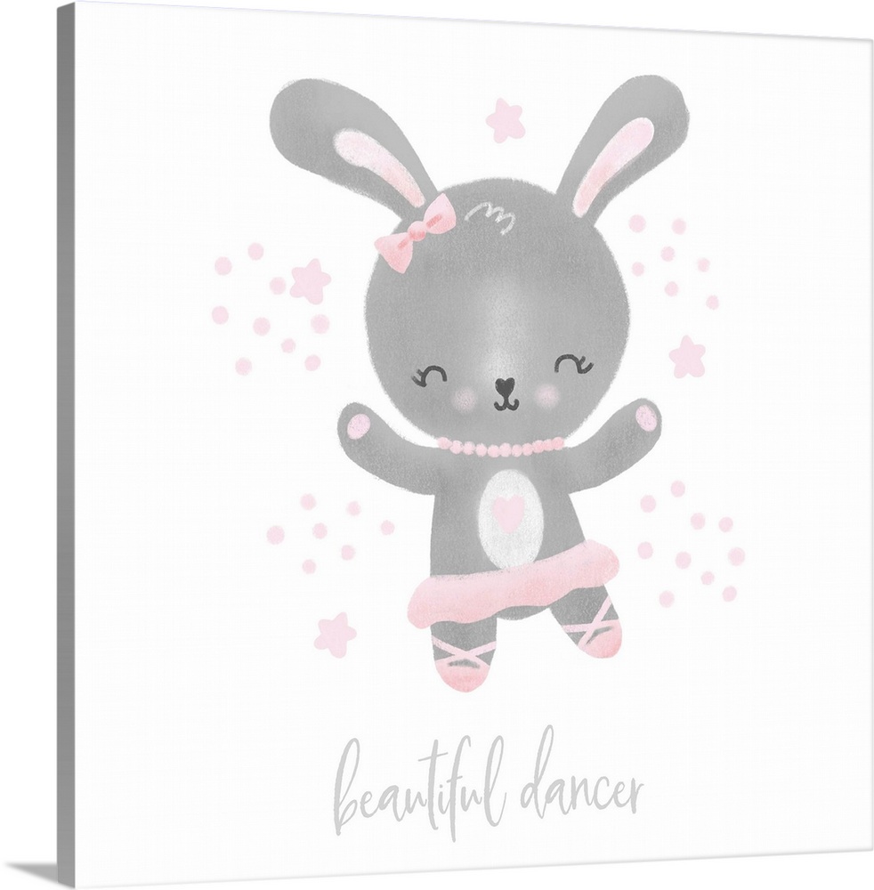 Adorable artwork of a gray bunny in a ballerina outfit surrounded with pink stars and "beautiful dancer" below.