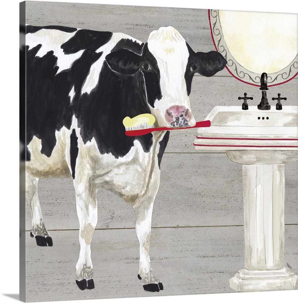 A black and white cow holding a toothbrush at a bathroom sink against of grey wood background.