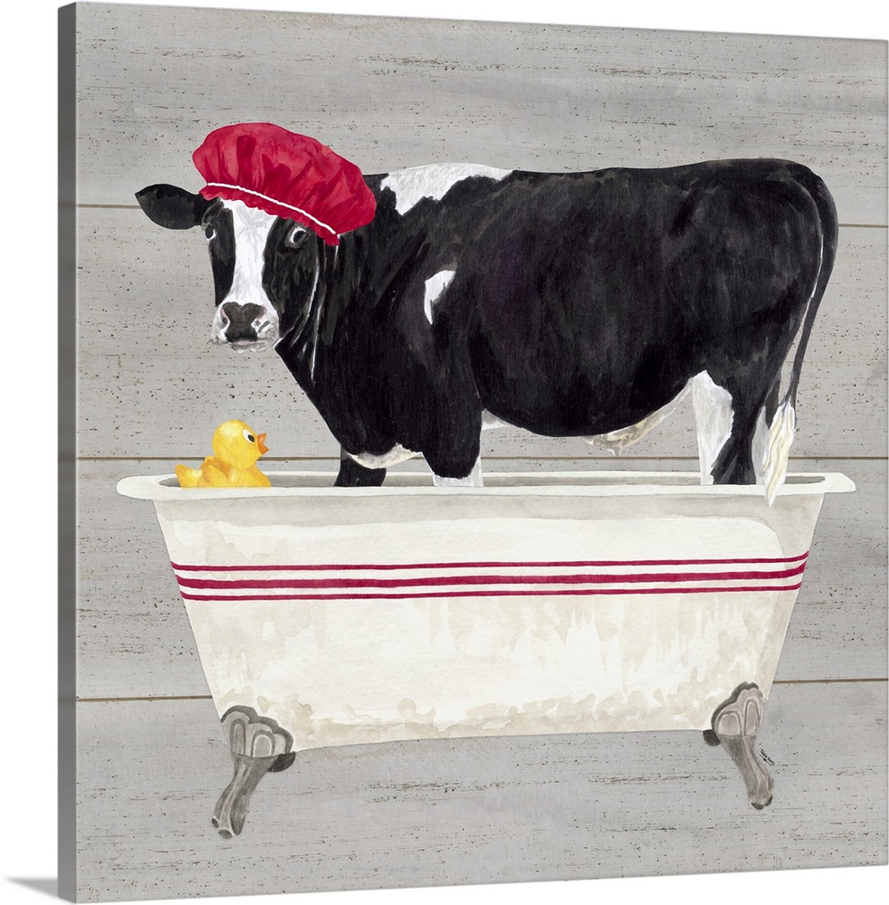 Decorative artwork of a black and white cow standing in a bathtub with a shower cap on it's head and a yellow rubber duck.