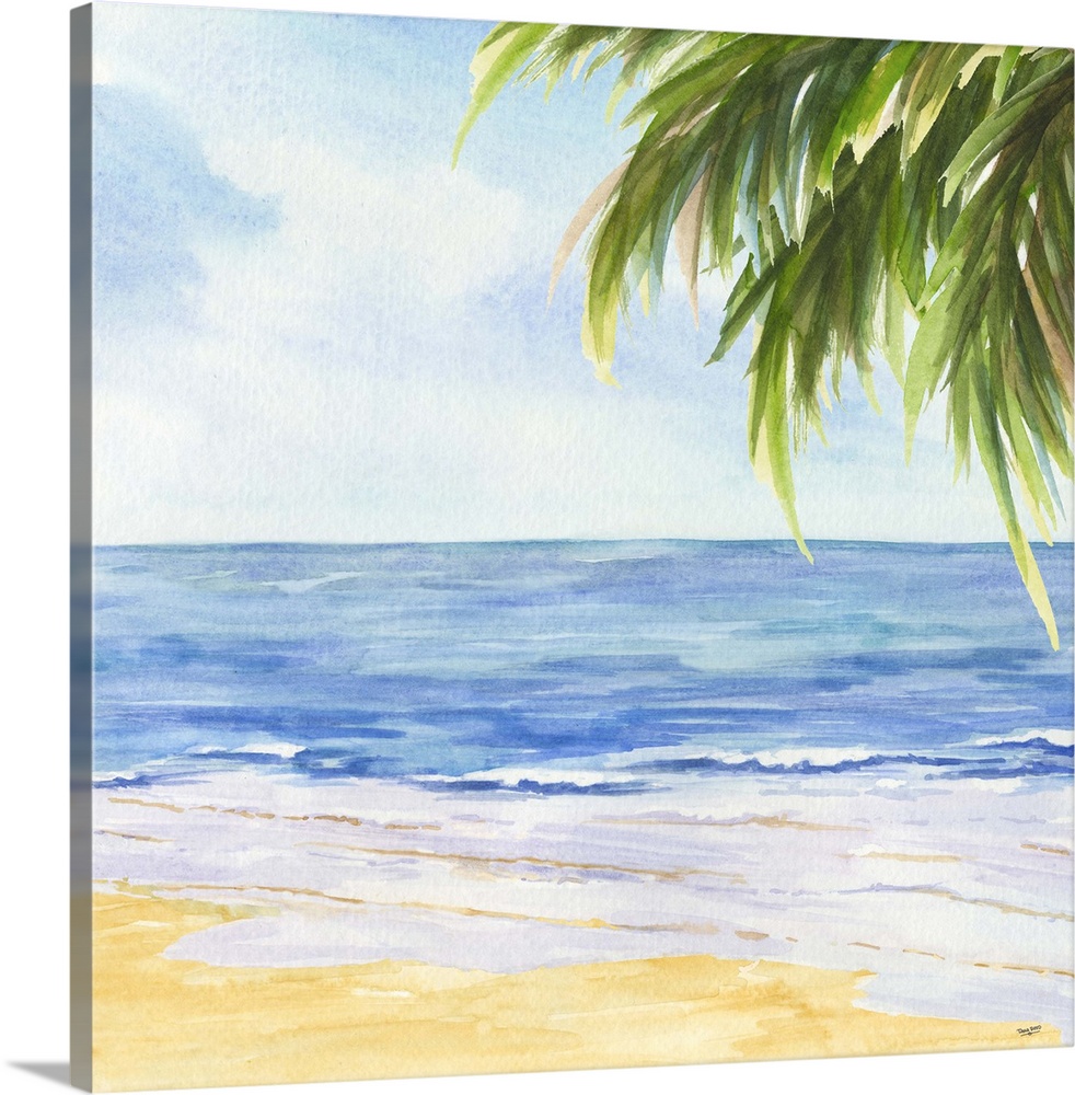 A contemporary painting of calm waves on a beach framed by a palm tree.