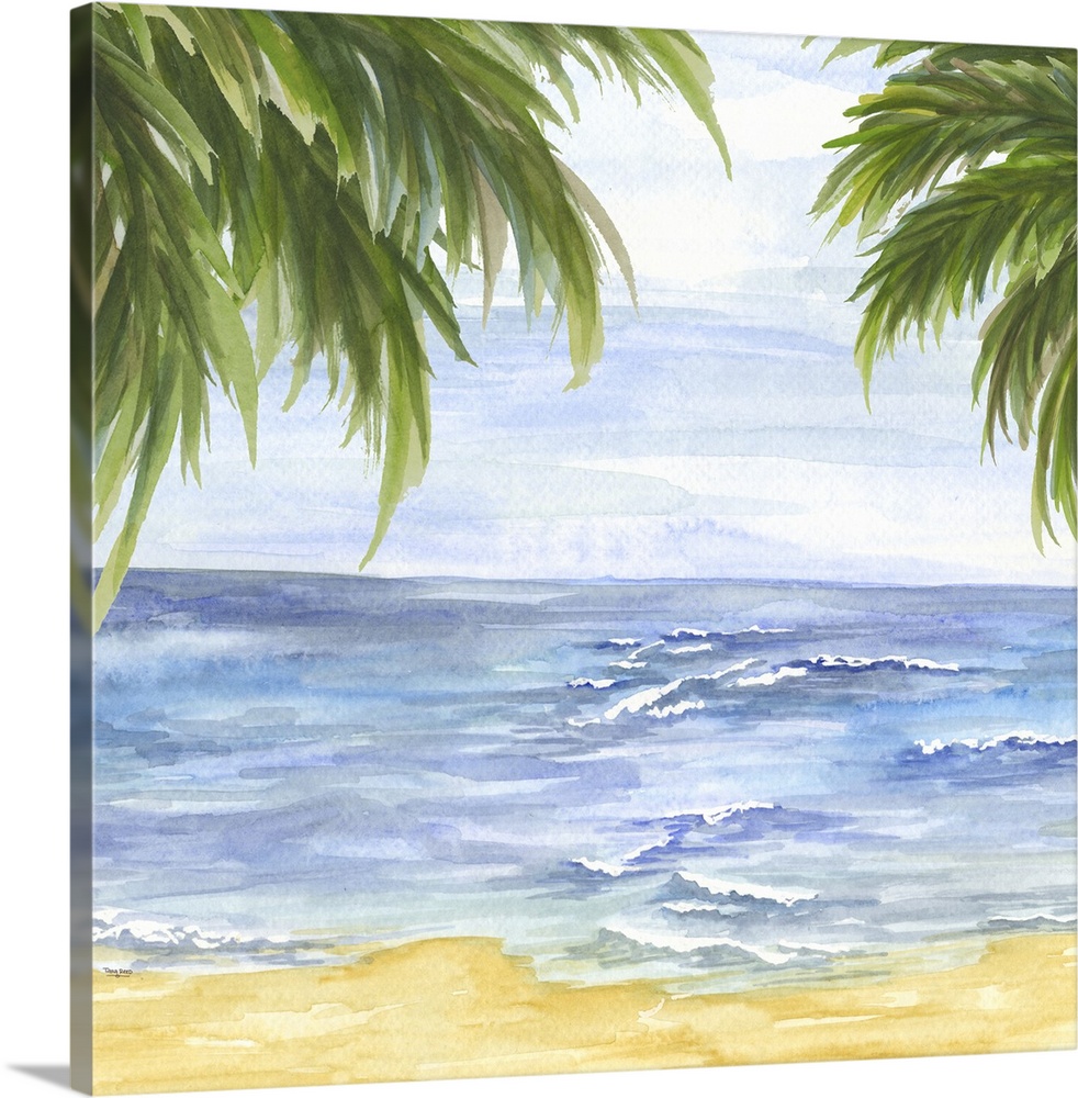 A contemporary painting of calm waves on a beach framed by palm trees.