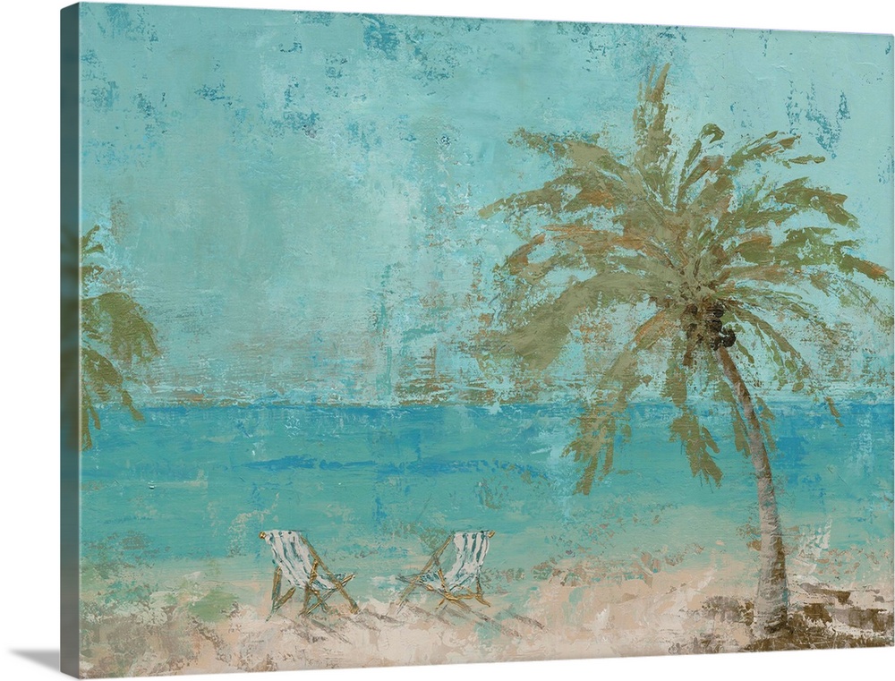 A contemporary painting of lawn chairs next to palm trees on a beach with teal blue water.