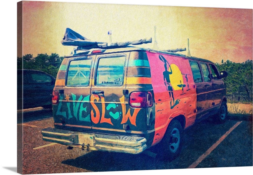 A parked vintage van covered with surfing theme artwork with a textured overlay.