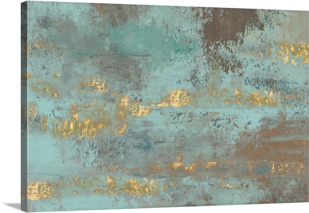 A large abstract painting in textured tones of blue with gold accents.