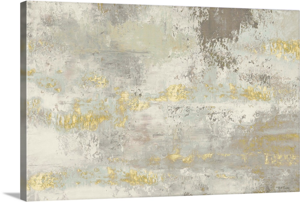 A large abstract painting in textured tones of gray with gold accents.