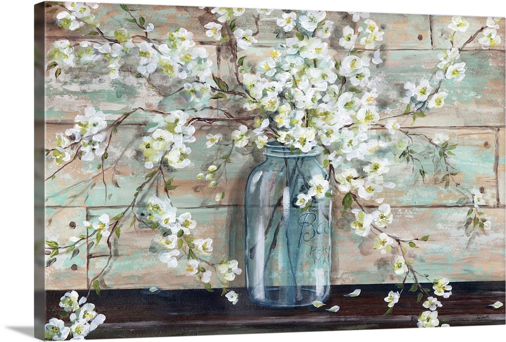 A decorative painting of a glass mason jar full of white blossoms in subdue tones.