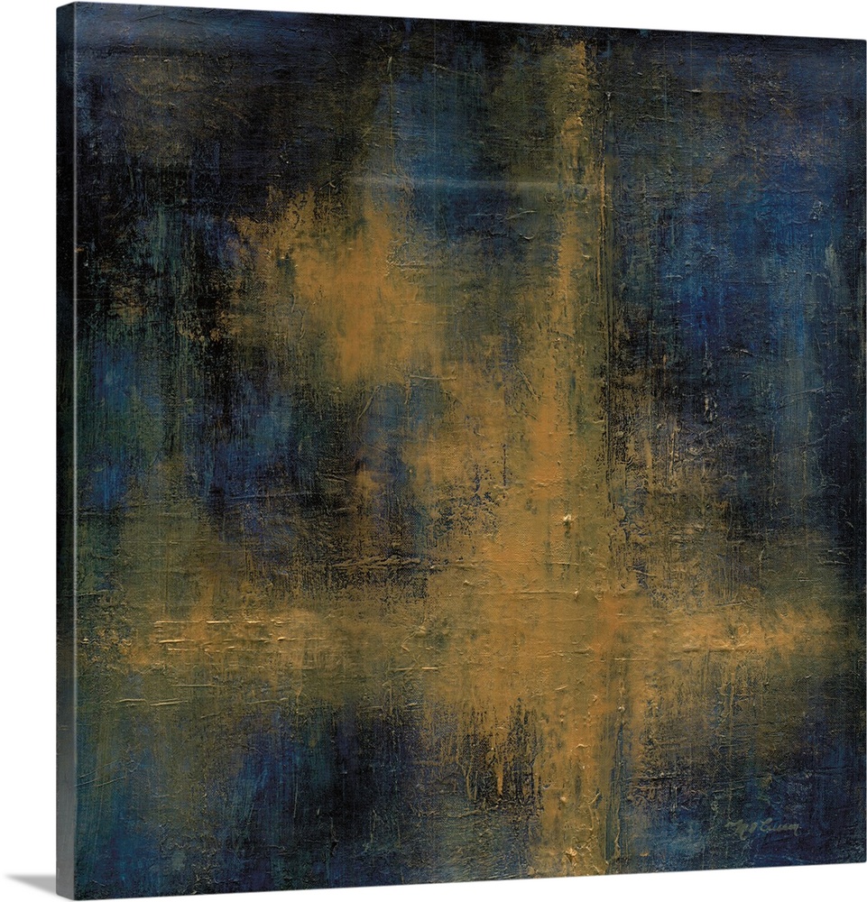 A square abstract painting of yellow, black and blue in a cross shape.