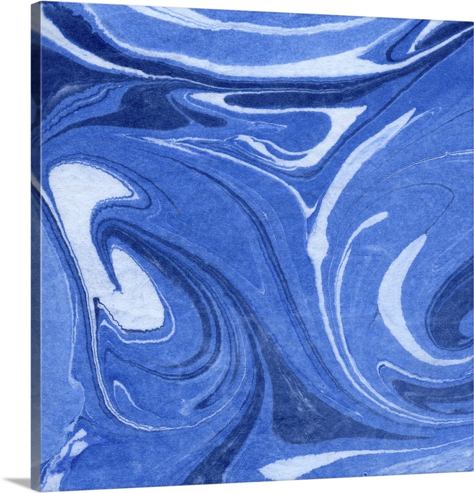 Square decorative artwork of shades of blue in a marble design.