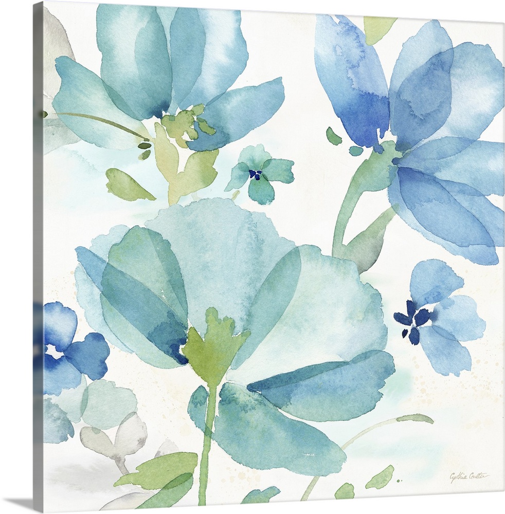 Square decorative watercolor image of a large blue poppies on a white background.